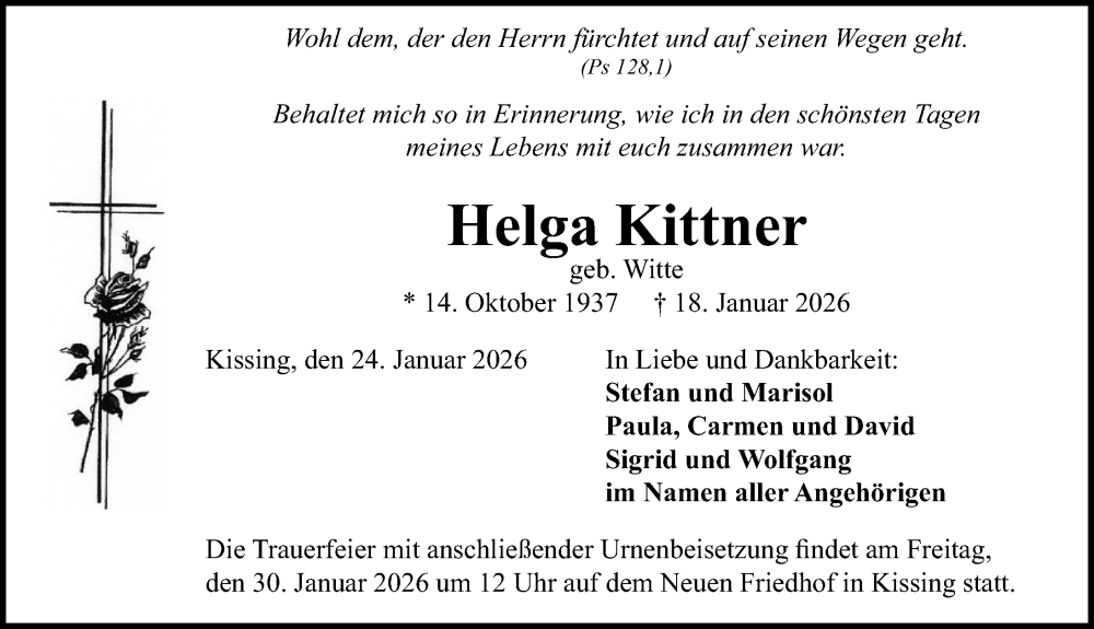  Traueranzeige für Helga Kittner vom 24.01.2026 aus Schaumburger Nachrichten