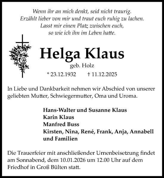 Traueranzeige von Helga Klaus von Peiner Allgemeine Zeitung