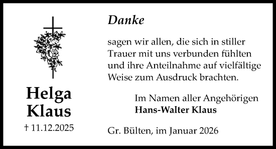 Traueranzeige von Helga Klaus von Peiner Allgemeine Zeitung