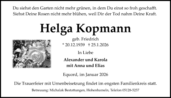 Traueranzeige von Helga Kopmann von Peiner Allgemeine Zeitung