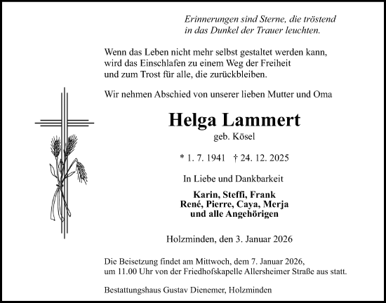 Traueranzeige von Helga Lammert von Täglicher Anzeiger Holzminden
