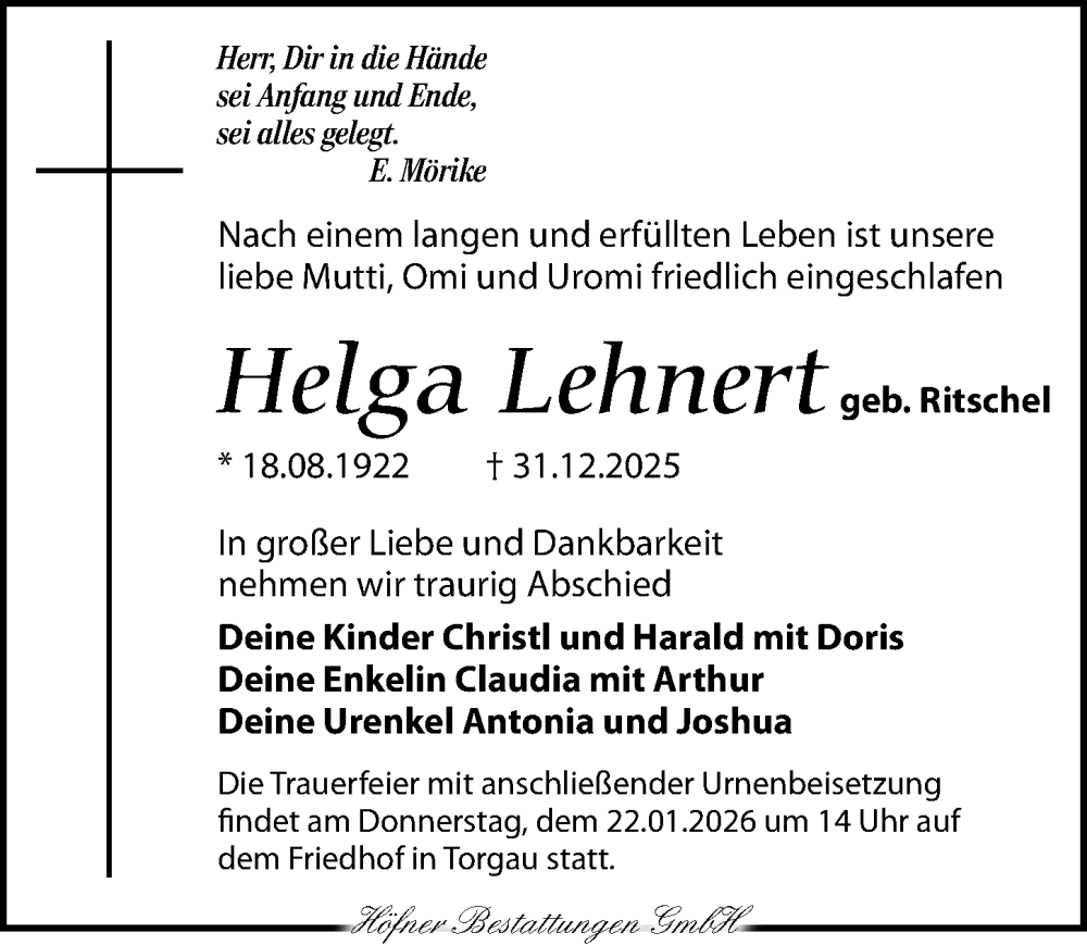  Traueranzeige für Helga Lehnert vom 10.01.2026 aus Torgauer Zeitung