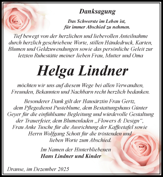 Traueranzeige von Helga Lindner von Wochenspiegel