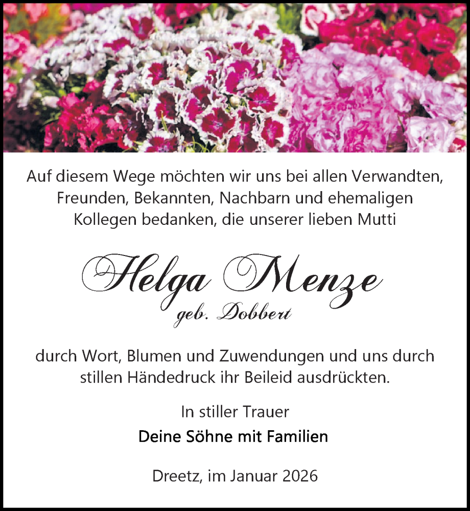  Traueranzeige für Helga Menze vom 10.01.2026 aus Wochenspiegel
