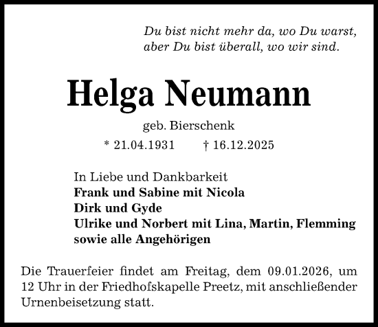 Traueranzeige von Helga Neumann von Kieler Nachrichten