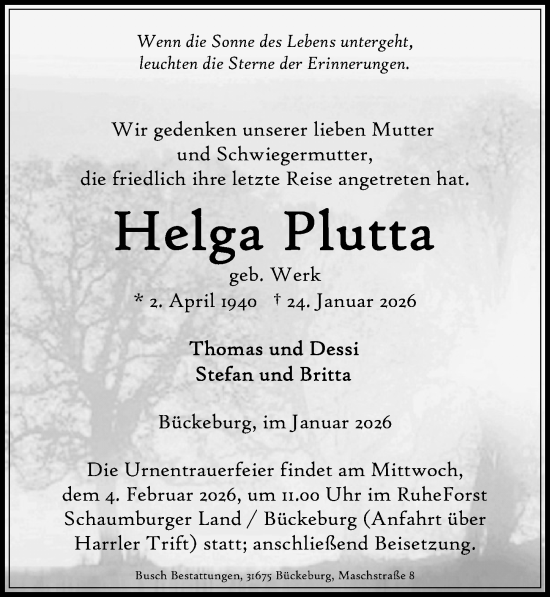 Traueranzeige von Helga Plutta von Schaumburger Nachrichten