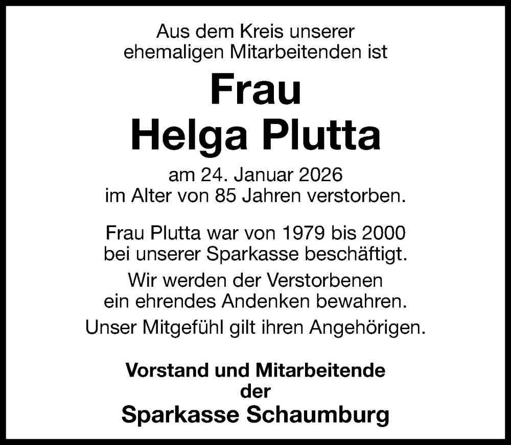  Traueranzeige für Helga Plutta vom 31.01.2026 aus Schaumburger Nachrichten und Schaumburger Zeitung/ Landes-Zeitung