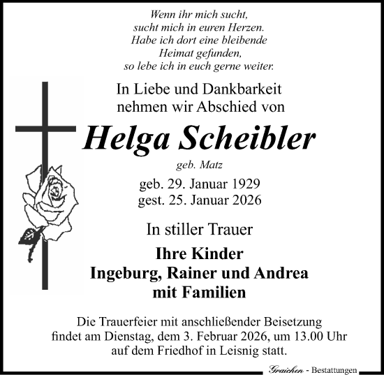 Traueranzeige von Helga Scheibler von Sächsische Zeitung