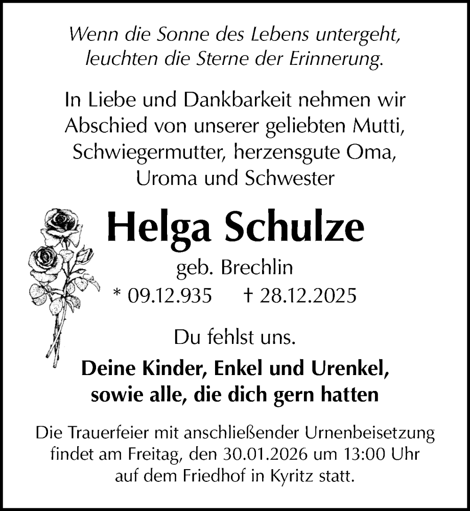 Traueranzeige für Helga Schulze vom 24.01.2026 aus Wochenspiegel
