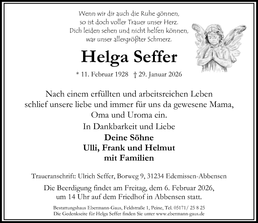  Traueranzeige für Helga Seffer vom 31.01.2026 aus Peiner Allgemeine Zeitung
