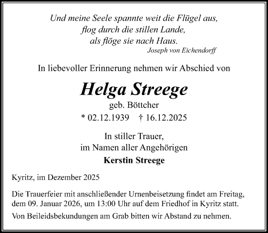 Traueranzeige von Helga Streege von Wochenspiegel