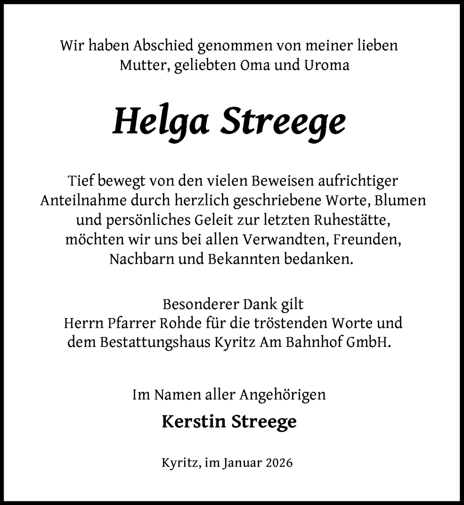 Traueranzeige für Helga Streege vom 24.01.2026 aus Wochenspiegel