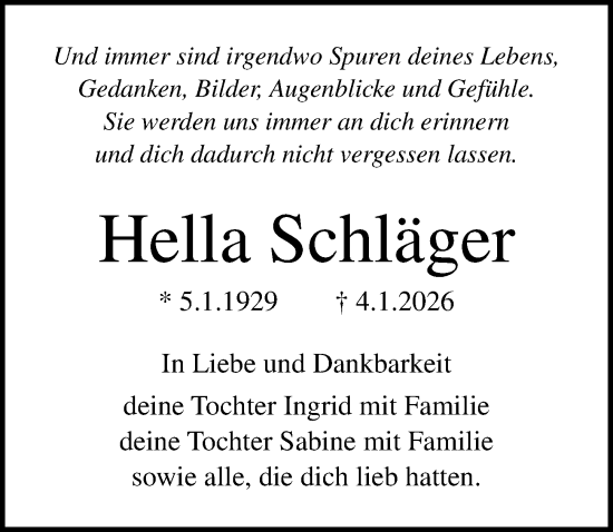 Traueranzeige von Hella Schläger von Ostsee-Zeitung GmbH