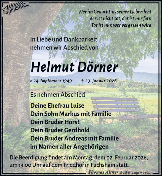 Traueranzeige von Helmut Dörner von Leipziger Volkszeitung