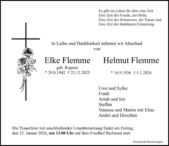 Traueranzeige von Helmut Flemme von Göttinger Tageblatt