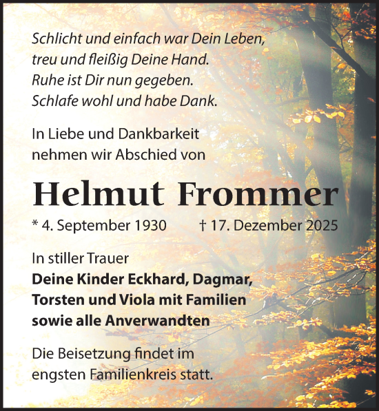 Traueranzeige von Helmut Frommer von Wochenspiegel
