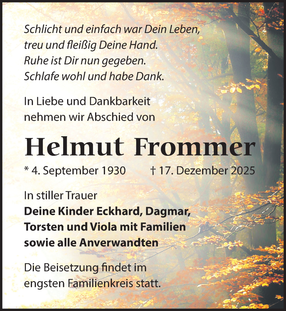  Traueranzeige für Helmut Frommer vom 03.01.2026 aus Wochenspiegel