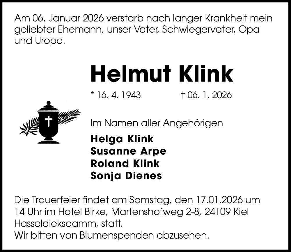  Traueranzeige für Helmut Klink vom 10.01.2026 aus Kieler Nachrichten
