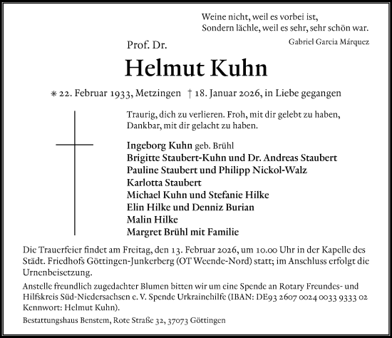 Traueranzeige von Helmut Kuhn von Göttinger Tageblatt