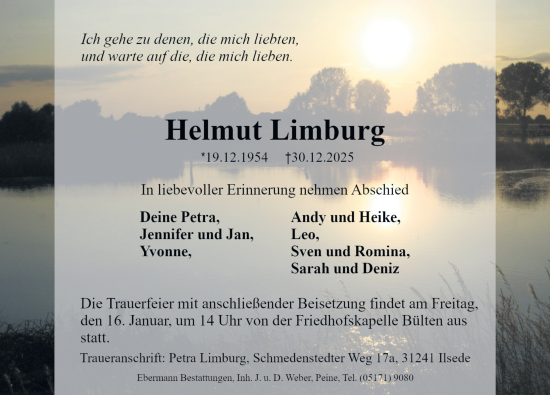 Traueranzeige von Helmut Limburg von Peiner Allgemeine Zeitung