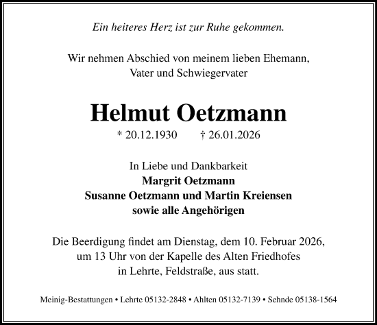 Traueranzeige von Helmut Oetzmann von Hannoversche Allgemeine Zeitung/Neue Presse