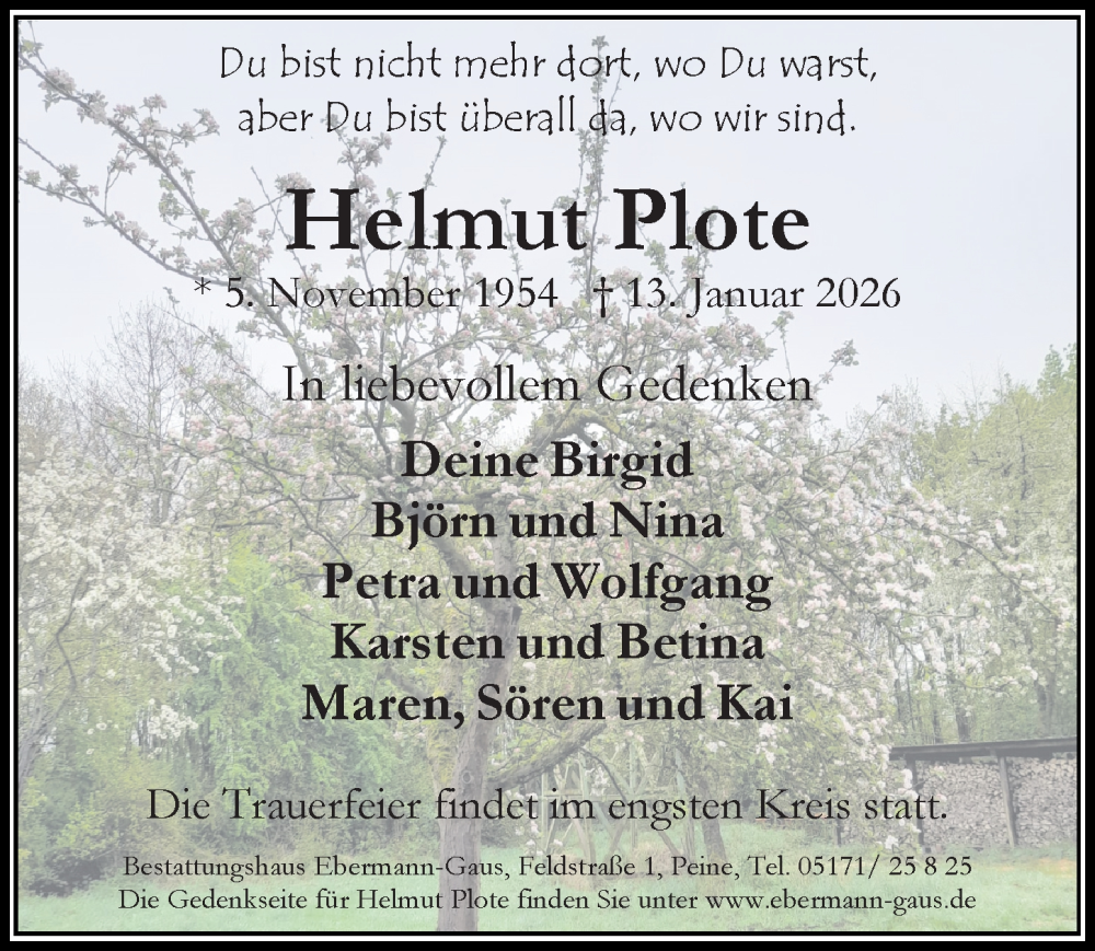  Traueranzeige für Helmut Plote vom 17.01.2026 aus Peiner Allgemeine Zeitung