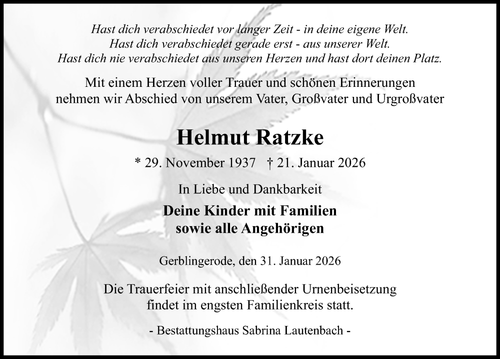  Traueranzeige für Helmut Ratzke vom 31.01.2026 aus Eichsfelder Tageblatt