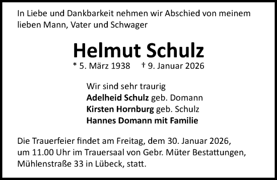 Traueranzeige von Helmut Schulz von Lübecker Nachrichten