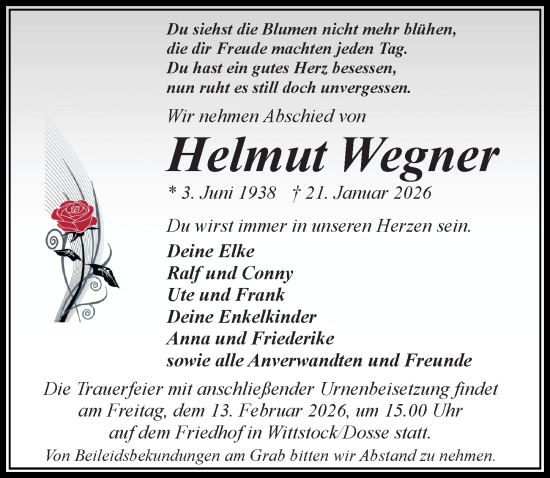 Traueranzeige von Helmut Wegner von Wochenspiegel