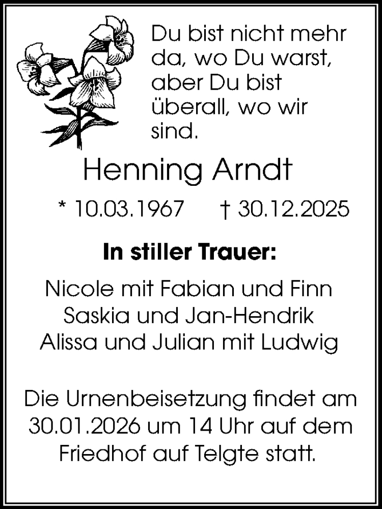  Traueranzeige für Henning Arndt vom 27.01.2026 aus Peiner Allgemeine Zeitung