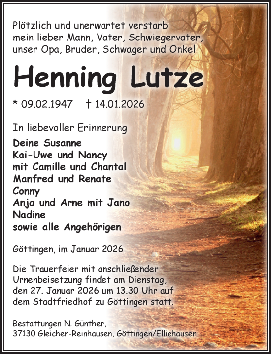Traueranzeige von Henning Lutze von Göttinger Tageblatt
