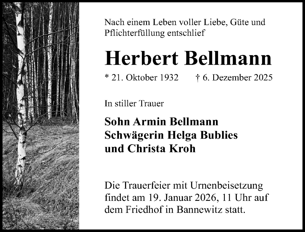  Traueranzeige für Herbert Bellmann vom 10.01.2026 aus Sächsische Zeitung