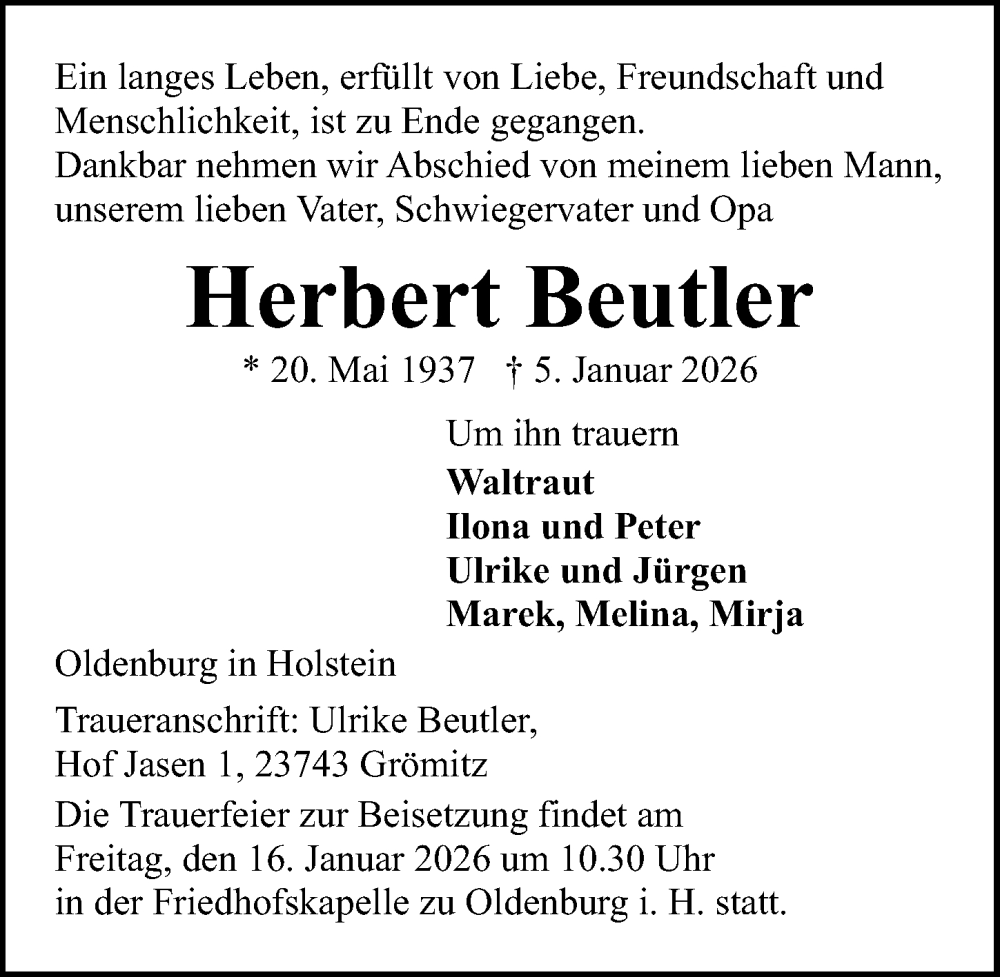  Traueranzeige für Herbert Beutler vom 10.01.2026 aus Lübecker Nachrichten