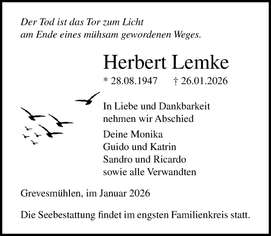 Traueranzeige von Herbert Lemke von Ostsee-Zeitung GmbH