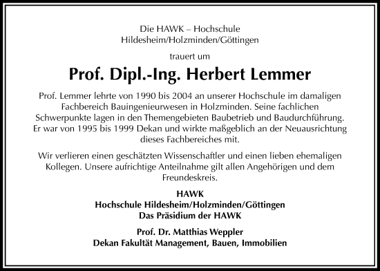 Traueranzeige von Herbert Lemmer von Täglicher Anzeiger Holzminden