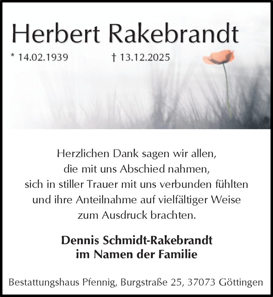  Traueranzeige für Herbert Rakebrandt vom 10.01.2026 aus Göttinger Tageblatt