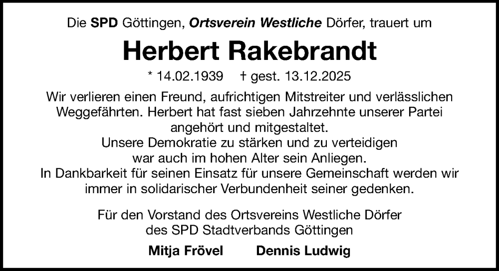  Traueranzeige für Herbert Rakebrandt vom 31.01.2026 aus Göttinger Tageblatt