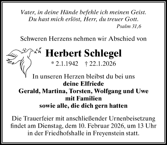 Traueranzeige von Herbert Schlegel von Wochenspiegel