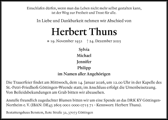 Traueranzeige von Herbert Thuns von Göttinger Tageblatt