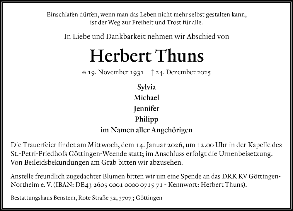  Traueranzeige für Herbert Thuns vom 10.01.2026 aus Göttinger Tageblatt