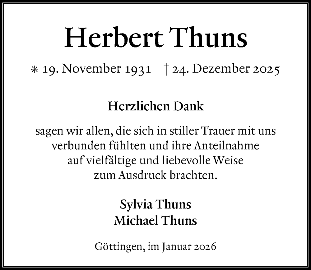  Traueranzeige für Herbert Thuns vom 24.01.2026 aus Göttinger Tageblatt