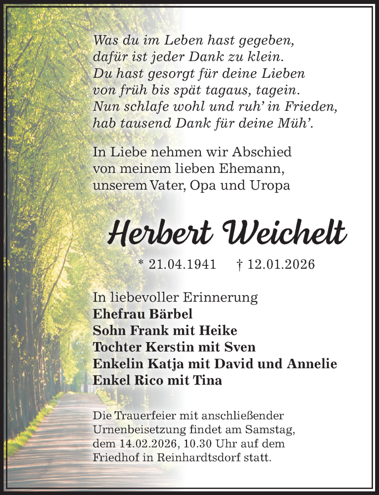  Traueranzeige für Herbert Weichelt vom 31.01.2026 aus Sächsische Zeitung