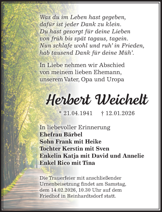 Traueranzeige von Herbert Weichelt von Sächsische Zeitung