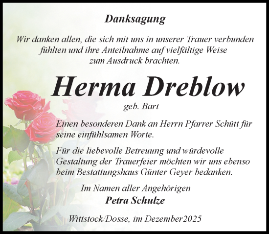 Traueranzeige von Herma Dreblow von Wochenspiegel