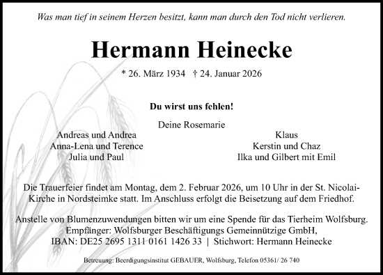 Traueranzeige von Hermann Heinecke von Aller Zeitung