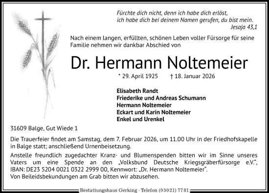 Traueranzeige von Hermann Noltemeier von Die Harke
