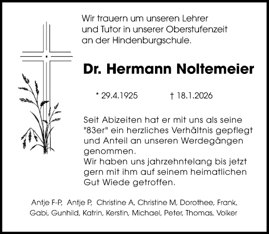 Traueranzeige von Hermann Noltemeier von Die Harke