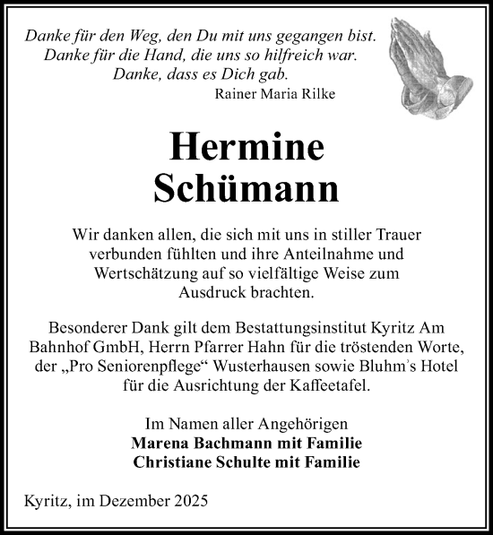 Traueranzeige von Hermine Schümann von Wochenspiegel