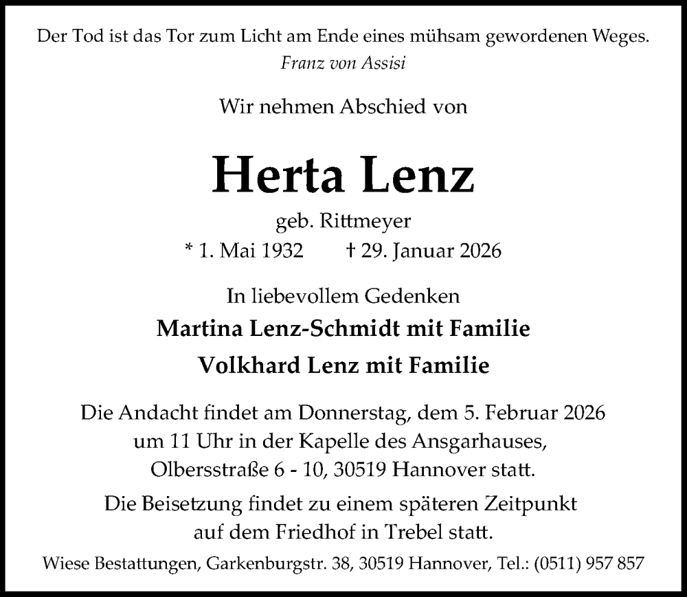  Traueranzeige für Herta Lenz vom 31.01.2026 aus Hannoversche Allgemeine Zeitung/Neue Presse