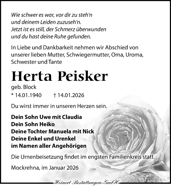 Traueranzeige von Herta Peisker von Torgauer Zeitung